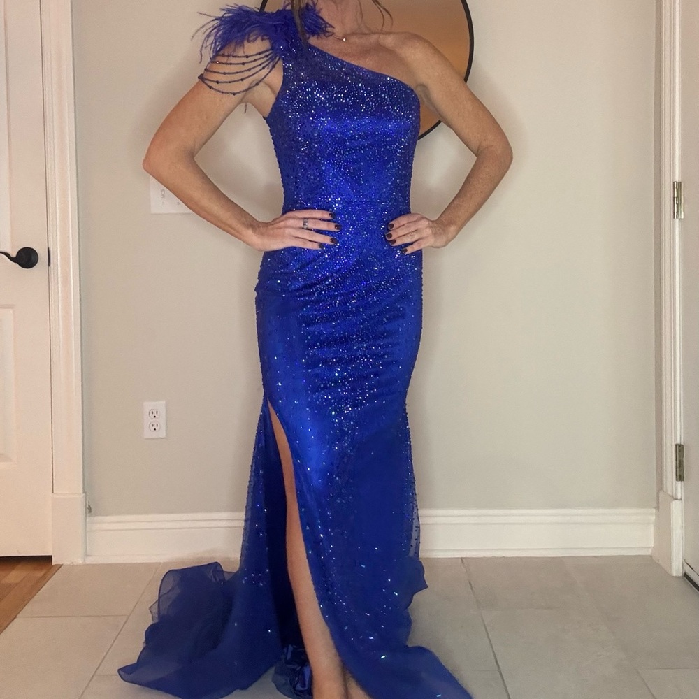 Stunning Blue One-Shoulder Rhinestone Dress by COLORS